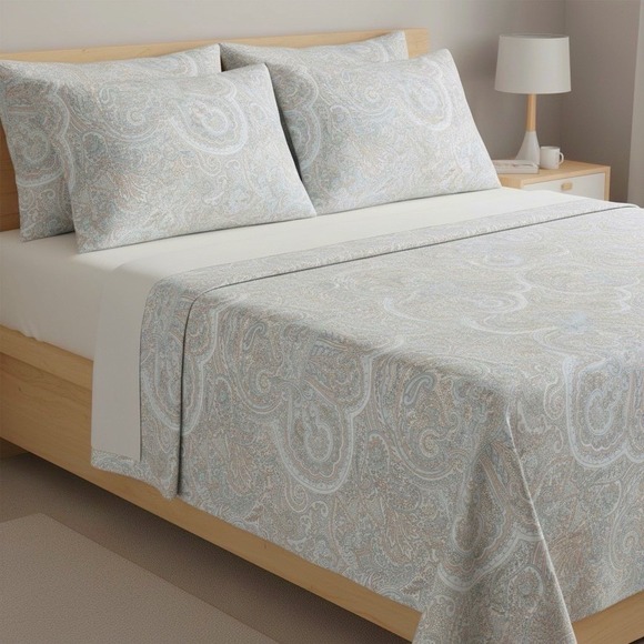 Ralph Lauren Queen Sheets 4Pc Sheet Set‎ Gray Lavender Blue Paisley Cottage Chic